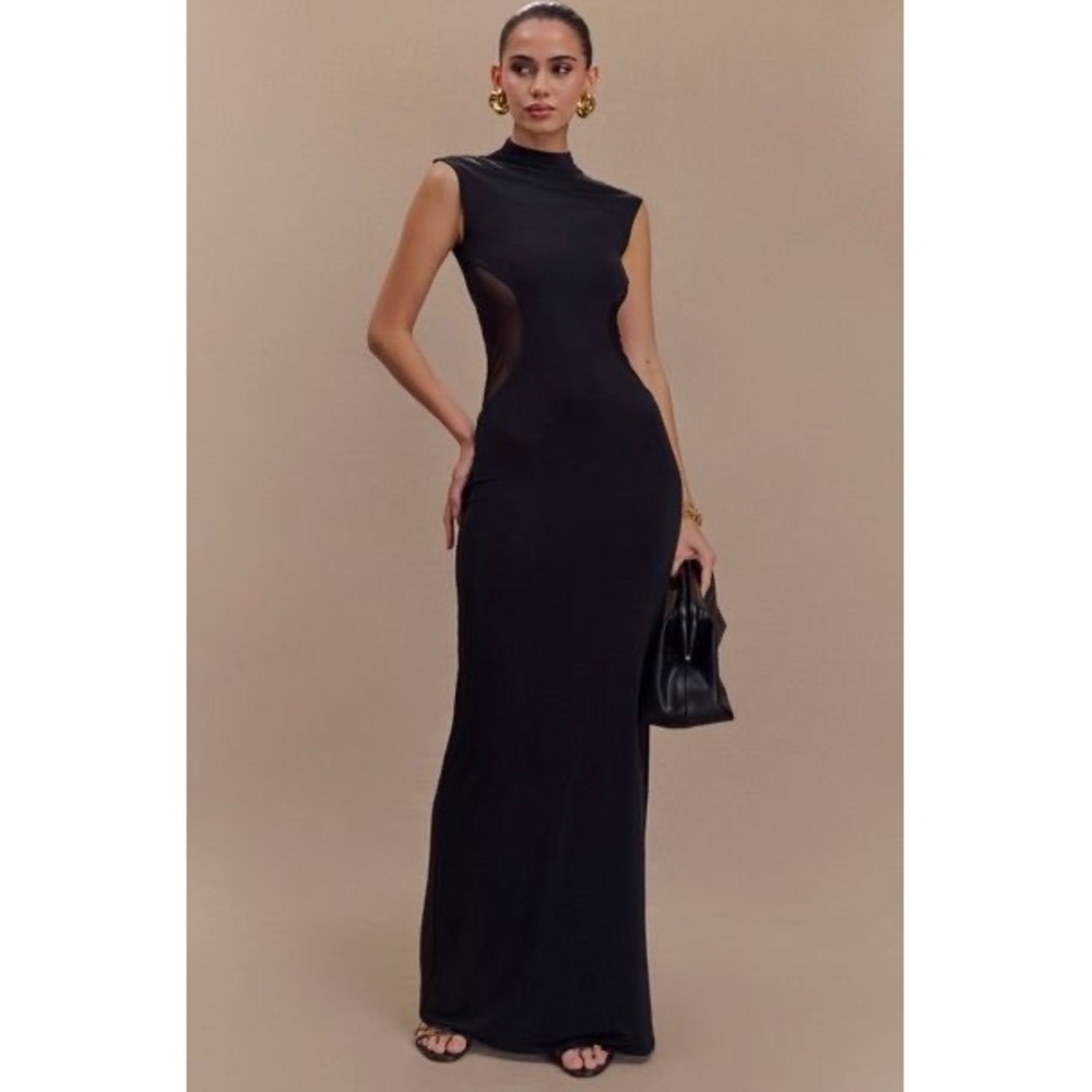 MESHKI Massie Black Slinky Mesh Bodycon Maxi Dress High Neck Size S